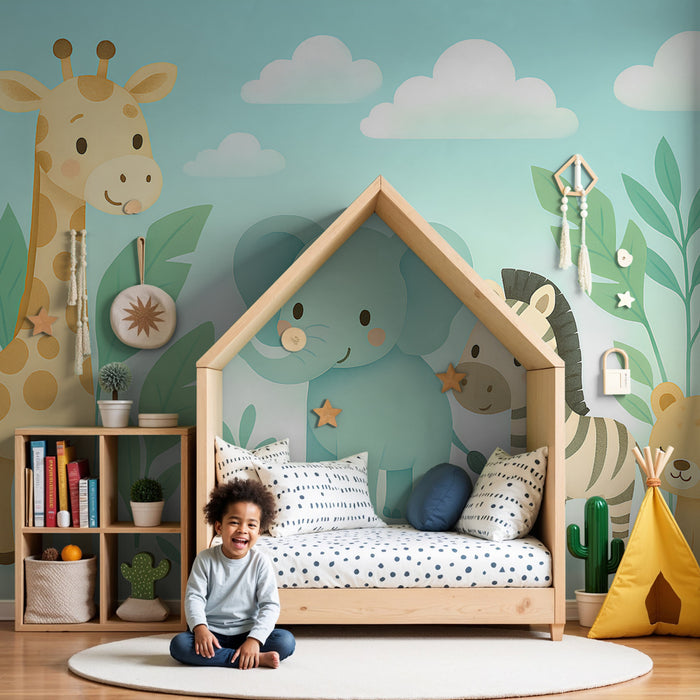 Papier peint chambre enfant | Animaux de la savane et jungle amusants