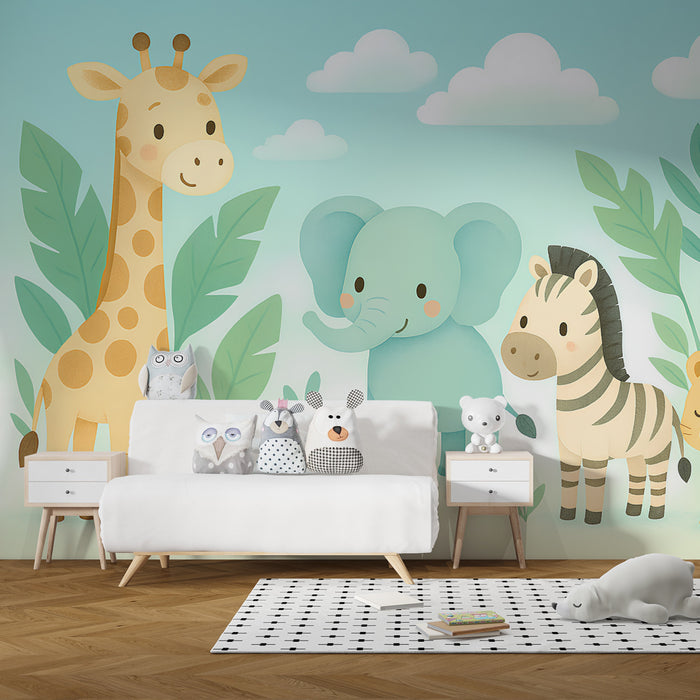 Papier peint chambre enfant | Animaux de la savane et jungle amusants