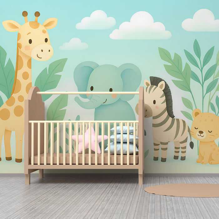 Papier peint chambre enfant | Animaux de la savane et jungle amusants