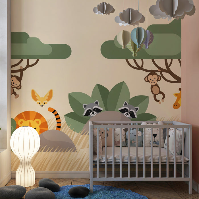 Papier peint chambre enfant | Animaux de la savane et leurs aventure