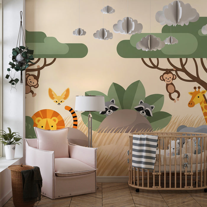 Papier peint chambre enfant | Animaux de la savane et leurs aventure