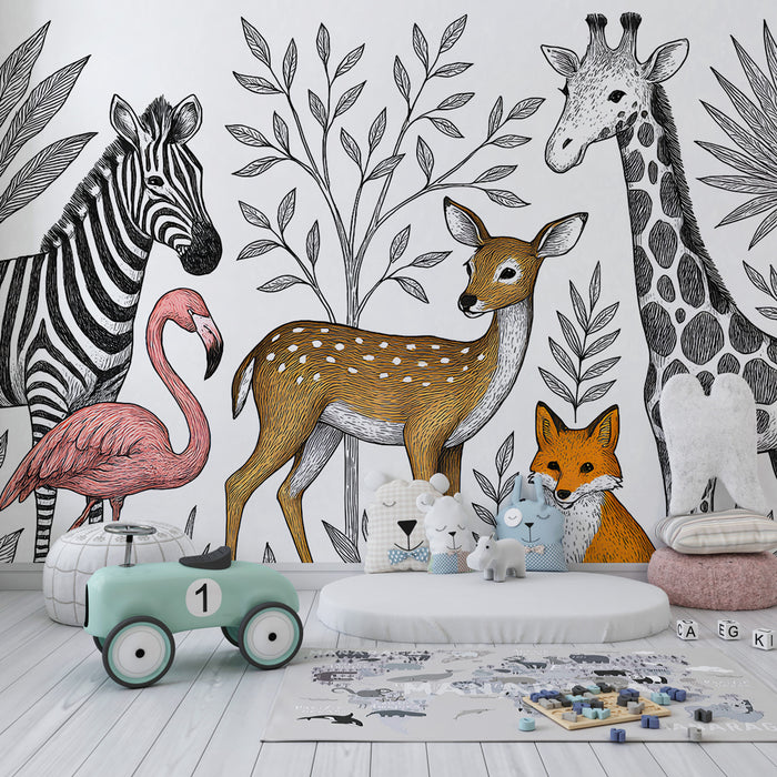Kids room wallpaper | Savanna animals and vegetation