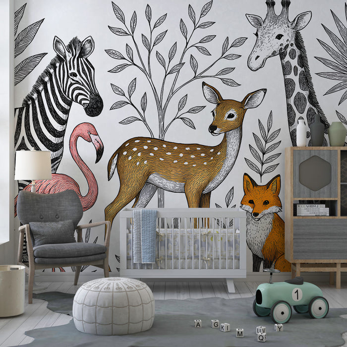 Kids room wallpaper | Savanna animals and vegetation