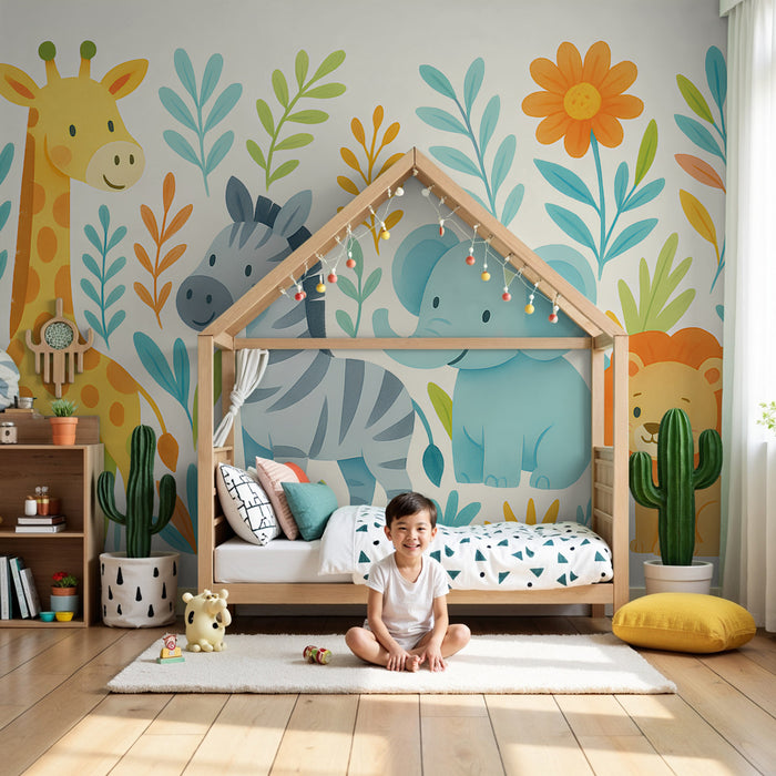 Kinderkamer behang | Savanne dieren en kleurrijke vegetatie