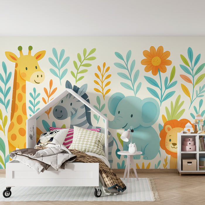Kinderkamer behang | Savanne dieren en kleurrijke vegetatie