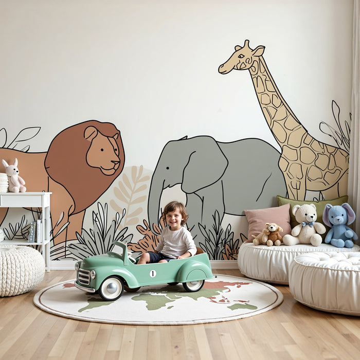 Papier peint chambre enfant | Animaux de la savane et végétation en dessin