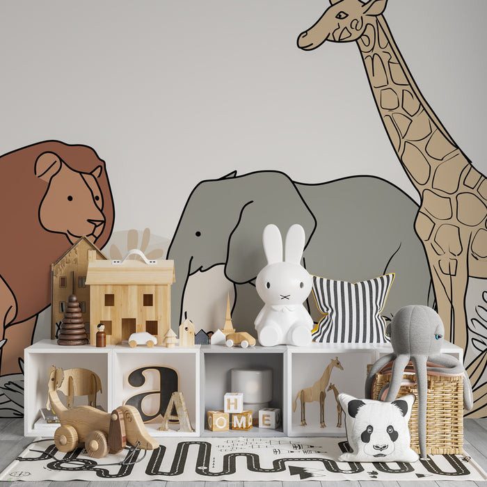 Papier peint chambre enfant | Animaux de la savane et végétation en dessin