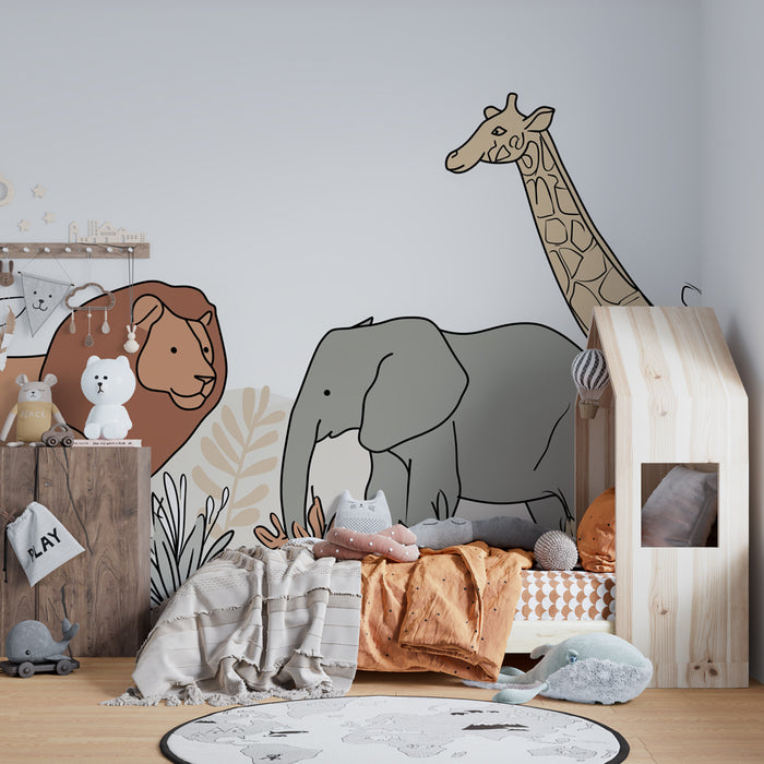 Papier peint chambre enfant | Animaux de la savane et végétation en dessin