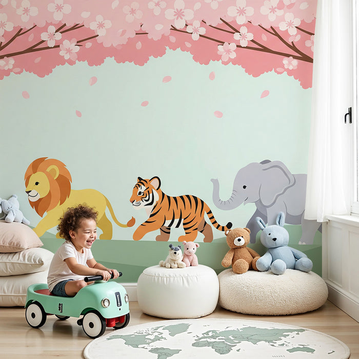 Gyermekszoba tapéta | Szavanna állatai egy virágzó cseresznyefa alatt