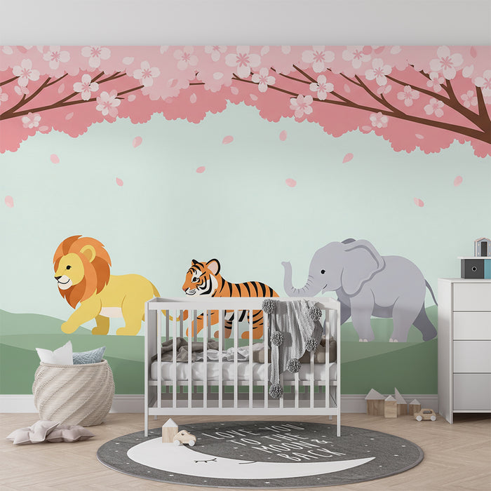 Gyermekszoba tapéta | Szavanna állatai egy virágzó cseresznyefa alatt