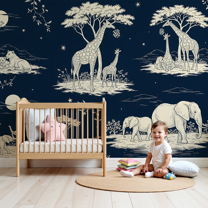 Papel de parede para quarto infantil | Animais da savana sob um céu estrelado