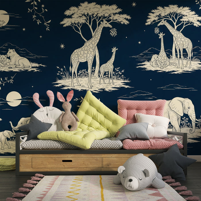 Papel de parede para quarto infantil | Animais da savana sob um céu estrelado