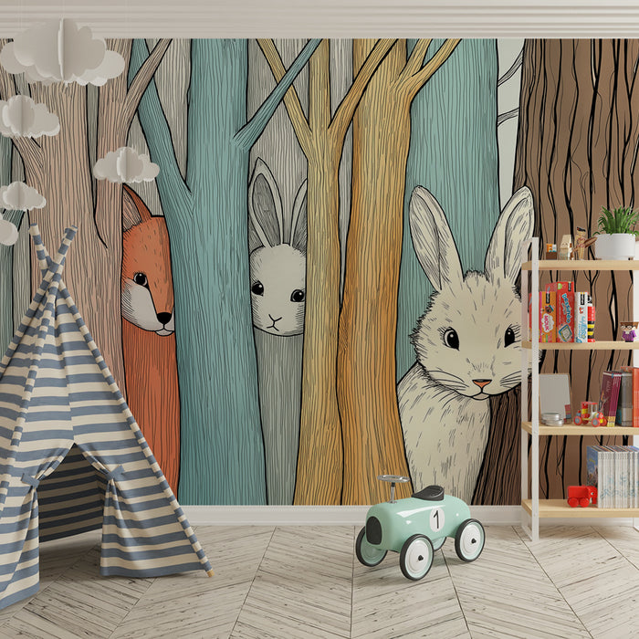 Kinderkamer behang | Dieren uit het bos verstopt achter gekleurde bomen