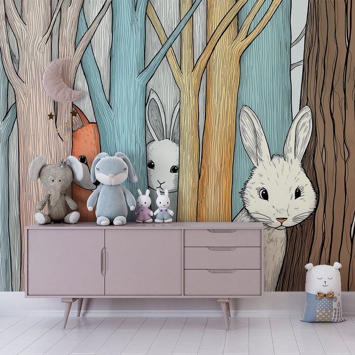 Kinderkamer behang | Dieren uit het bos verstopt achter gekleurde bomen