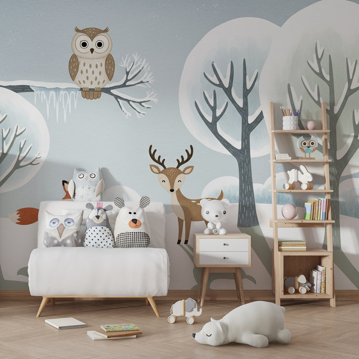 Papier peint chambre enfant | Animaux du bois en hiver