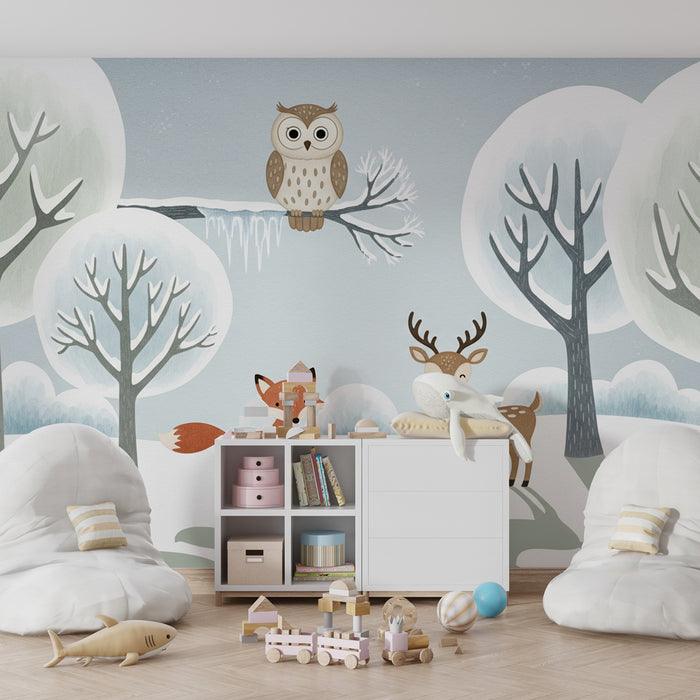 Papier peint chambre enfant | Animaux du bois en hiver
