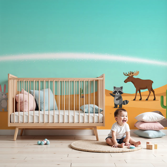 Gyerekek szobájának tapétája | Sivatagi állatok kaktuszokkal és napfényes tájakkal