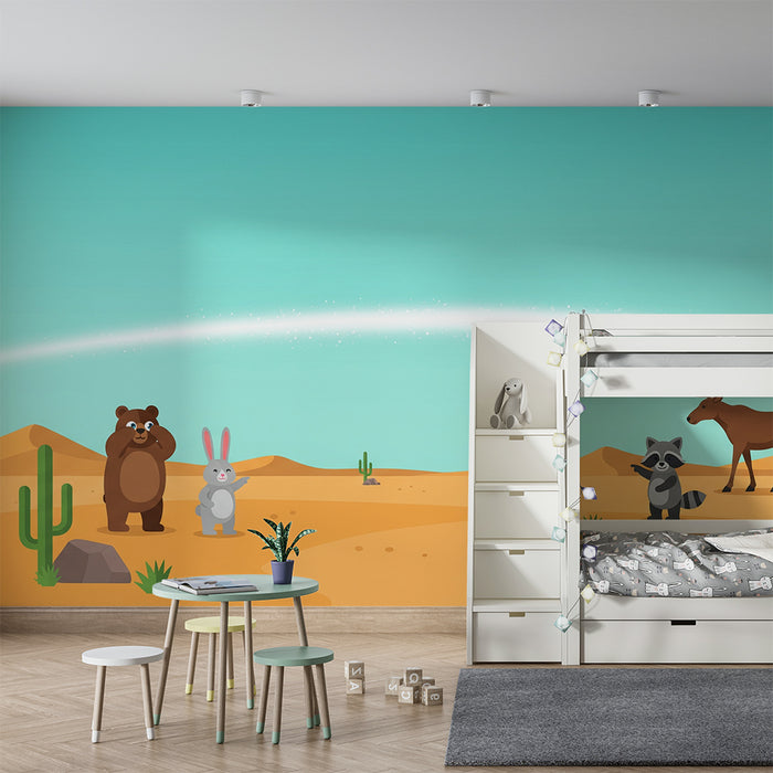 Gyerekek szobájának tapétája | Sivatagi állatok kaktuszokkal és napfényes tájakkal