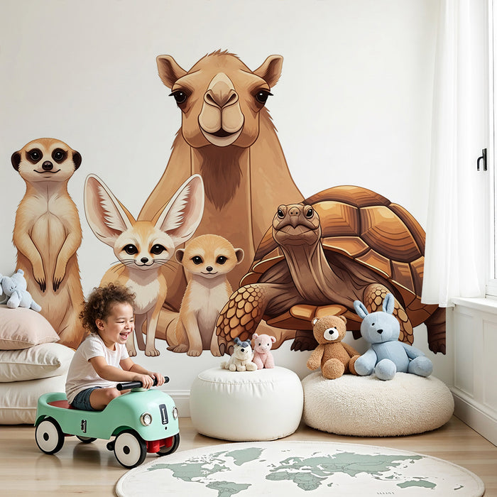 Papier peint chambre enfant | Animaux du désert avec un chameau, une tortue et des petits mammifères