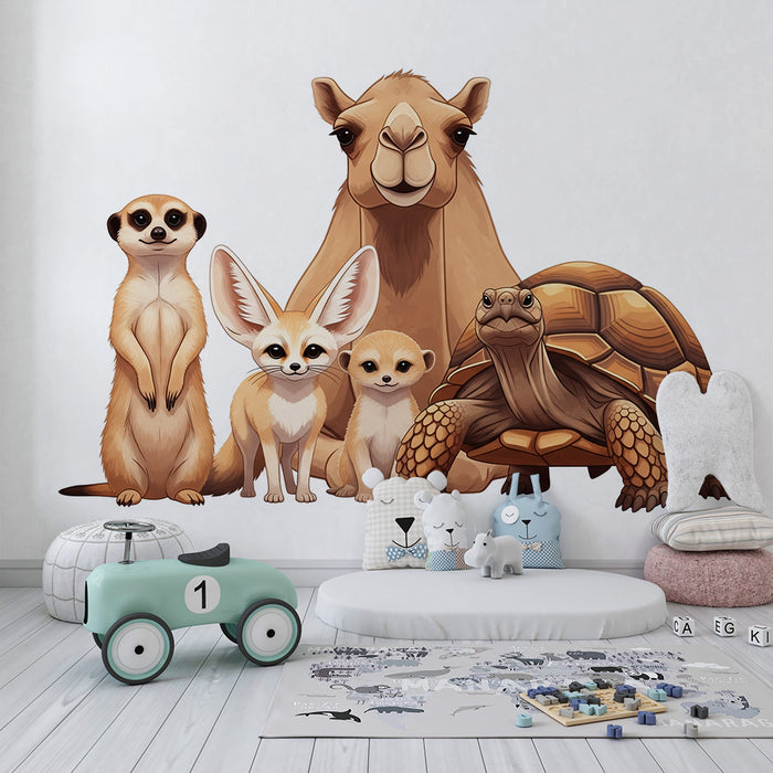 Papier peint chambre enfant | Animaux du désert avec un chameau, une tortue et des petits mammifères