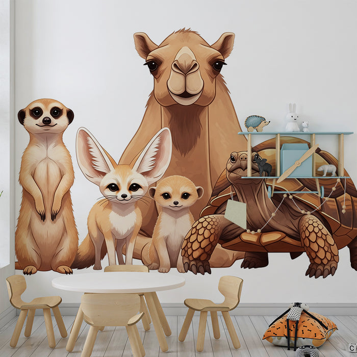 Papier peint chambre enfant | Animaux du désert avec un chameau, une tortue et des petits mammifères