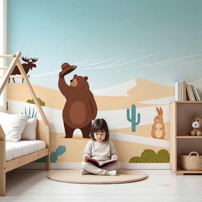Papel de parede para quarto de criança | Animais do deserto com um urso elegante e os seus amigos