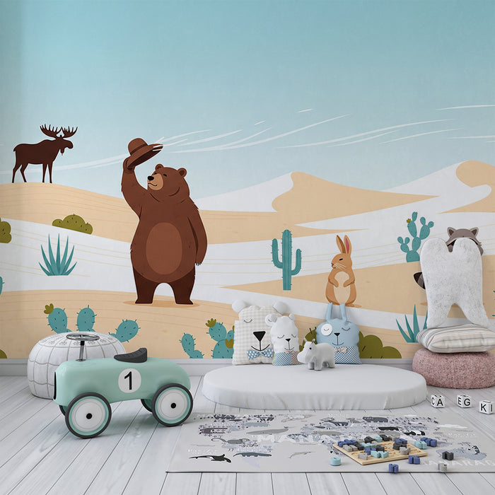 Papel de parede para quarto de criança | Animais do deserto com um urso elegante e os seus amigos