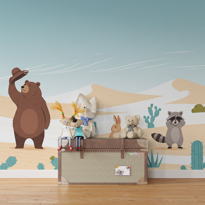 Papel de parede para quarto de criança | Animais do deserto com um urso elegante e os seus amigos