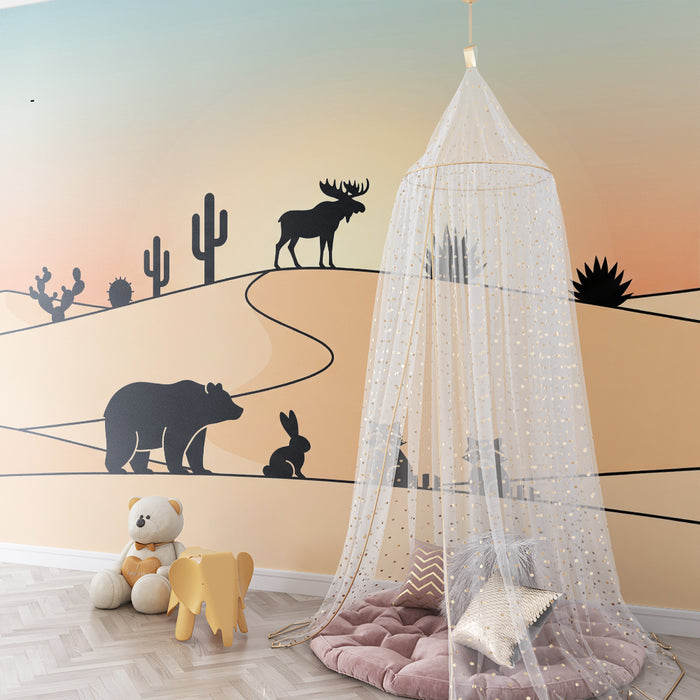 Papier peint chambre enfant | Animaux du désert sous un ciel pastel