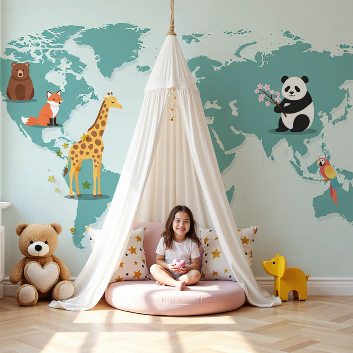 Kids room wallpaper | Maailma loomad värvilisel kaardil