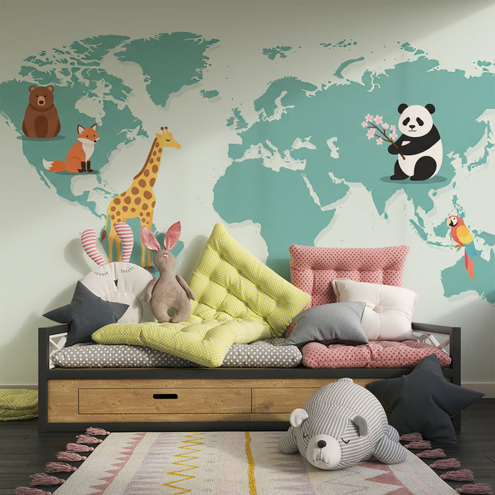 Kids room wallpaper | Maailma loomad värvilisel kaardil