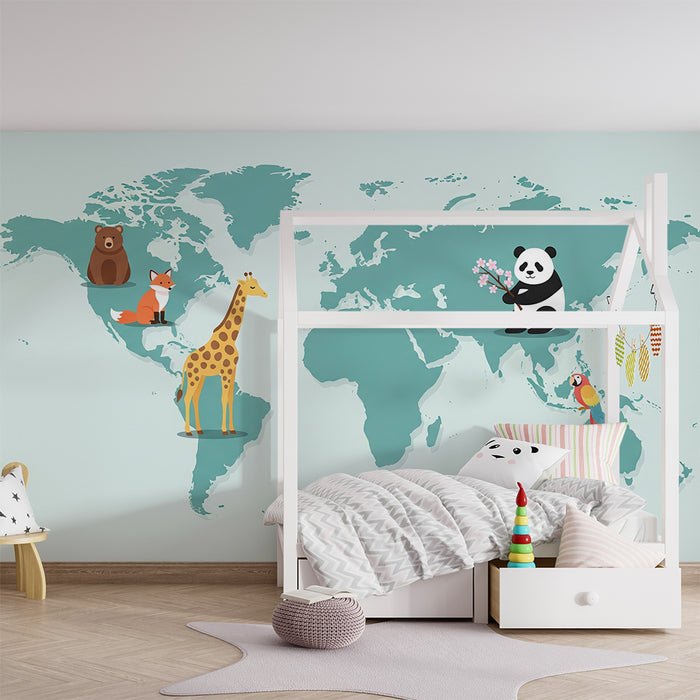 Kids room wallpaper | Maailma loomad värvilisel kaardil