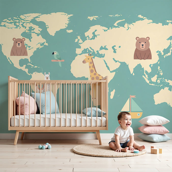 Papel de parede criança | Animais do mundo em um mapa amarelo