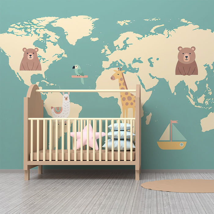 Papel de parede criança | Animais do mundo em um mapa amarelo