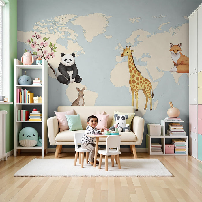 Kinderzimmer Tapete | Welttiere auf einer Pastellkarte