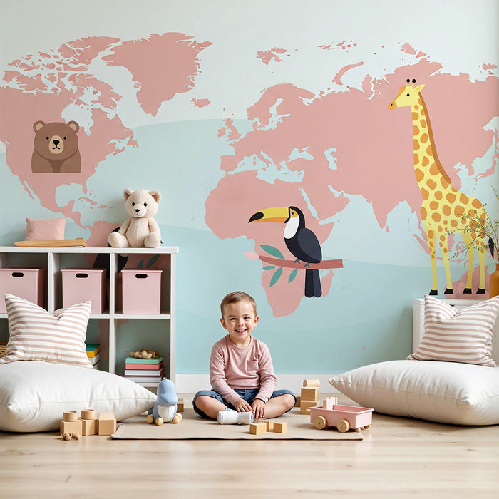 Dětská tapeta | Svět zvířat na růžové mapě