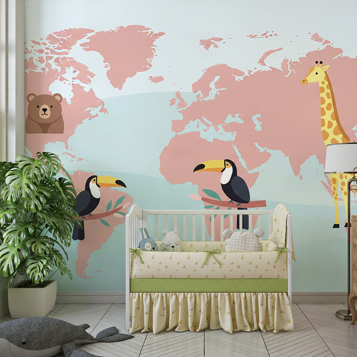 Dětská tapeta | Svět zvířat na růžové mapě
