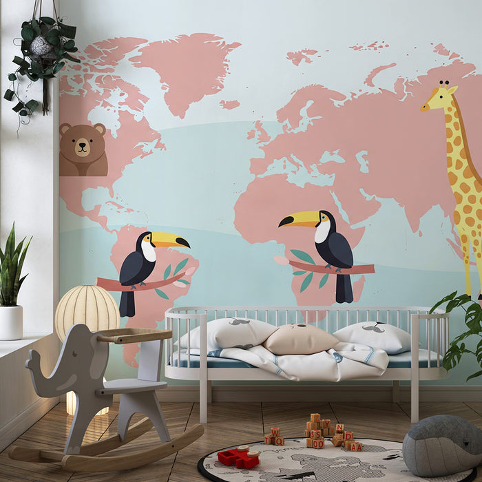 Dětská tapeta | Svět zvířat na růžové mapě