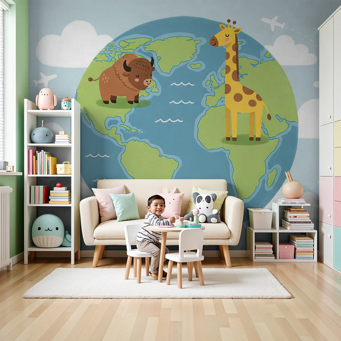 Papel de parede para quarto infantil | Animais do mundo num mapa terrestre colorido