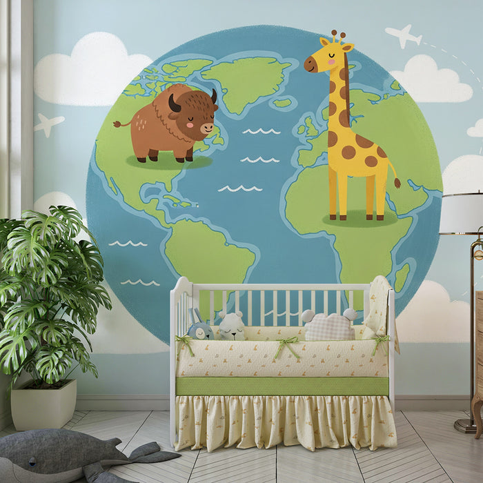 Papel de parede para quarto infantil | Animais do mundo num mapa terrestre colorido