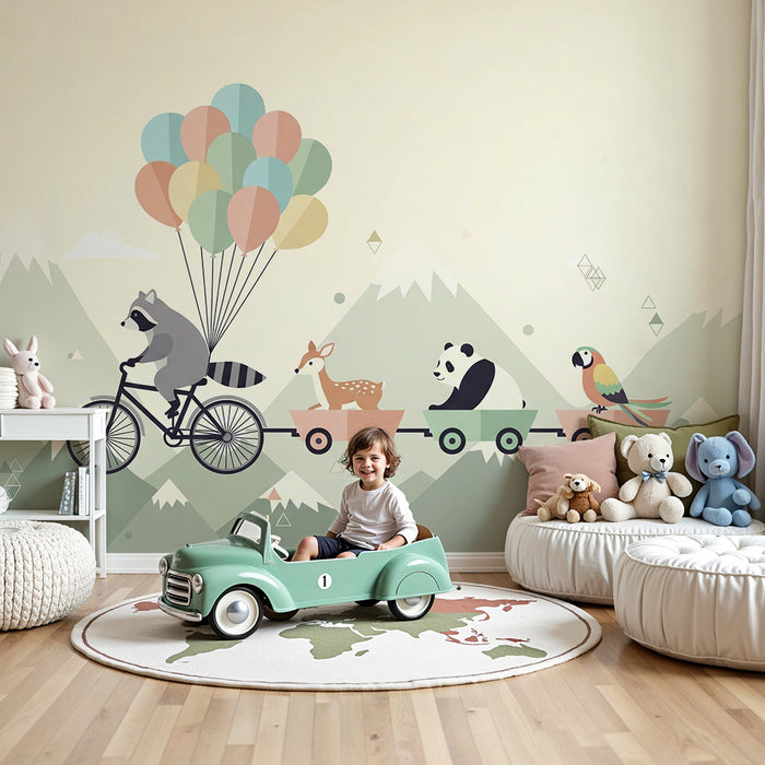 Tapet barnerom | Dyr på tur med ballonger og fjell