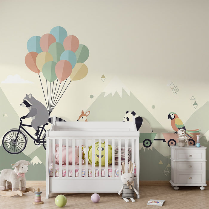 Tapet barnerom | Dyr på tur med ballonger og fjell