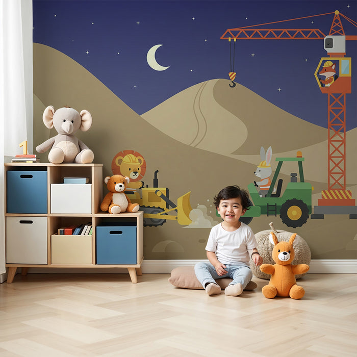 Papel de parede criança | Animais em construção sob as estrelas