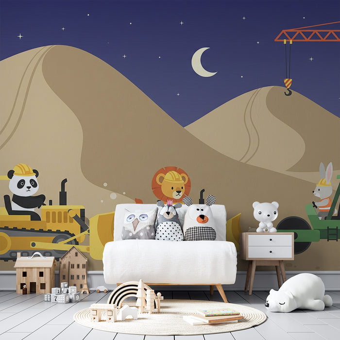 Papel de parede criança | Animais em construção sob as estrelas
