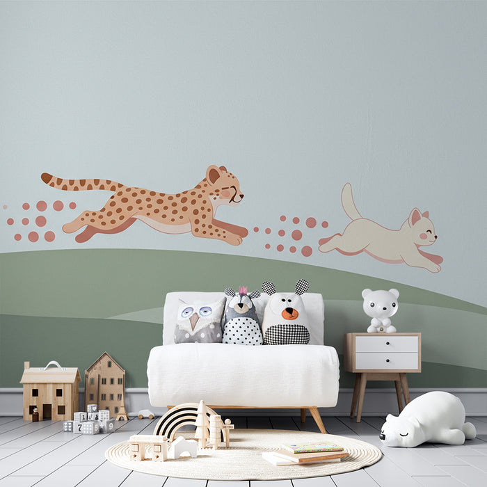 Tapet barnerom | Dyr i løp: løve, leopard og katt