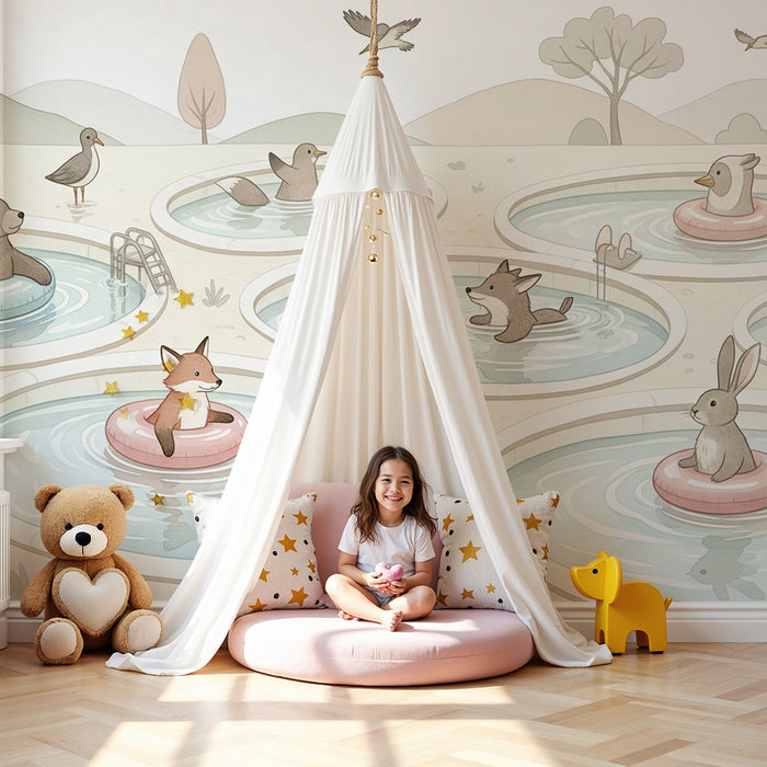 Kinderzimmer Tapete | Tiere im Sommer in Schwimmbädern