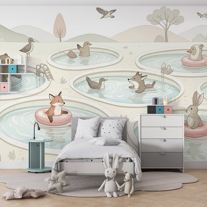 Kinderzimmer Tapete | Tiere im Sommer in Schwimmbädern