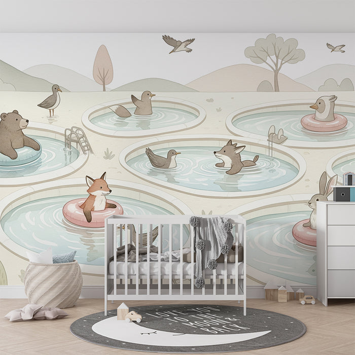 Kinderzimmer Tapete | Tiere im Sommer in Schwimmbädern