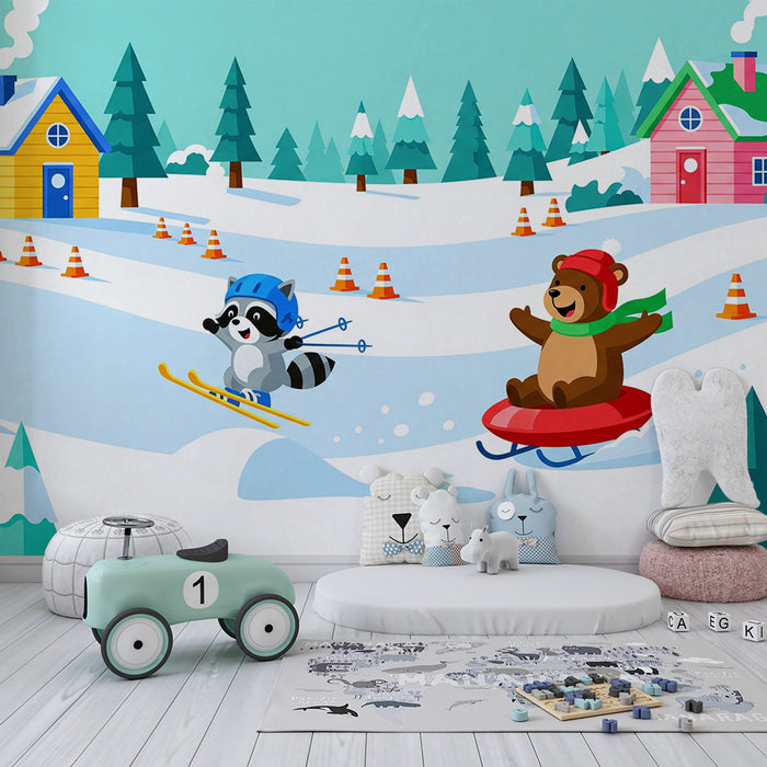 Carta da parati per cameretta | Animali che giocano nella neve d'inverno