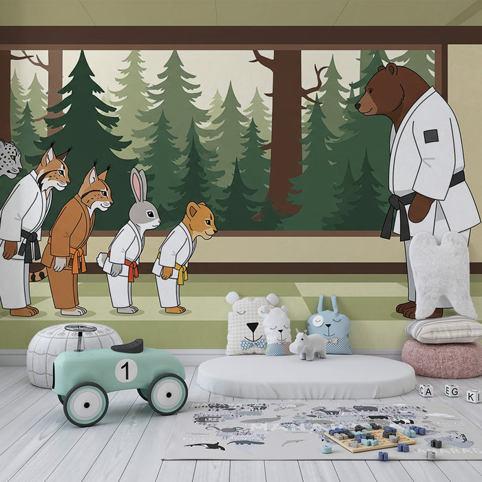 Papier peint chambre enfant | Animaux en karaté dans un dojo paisible